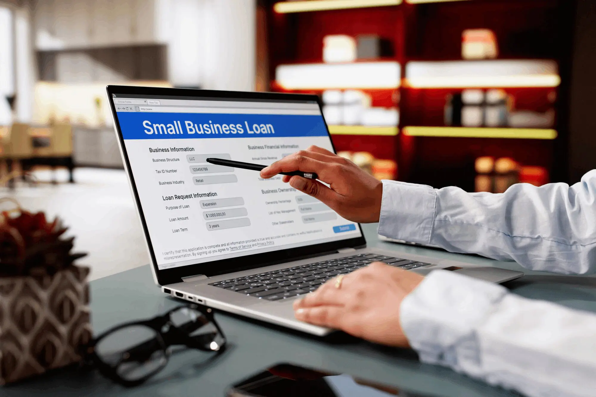Person reviewing small business loan application online.